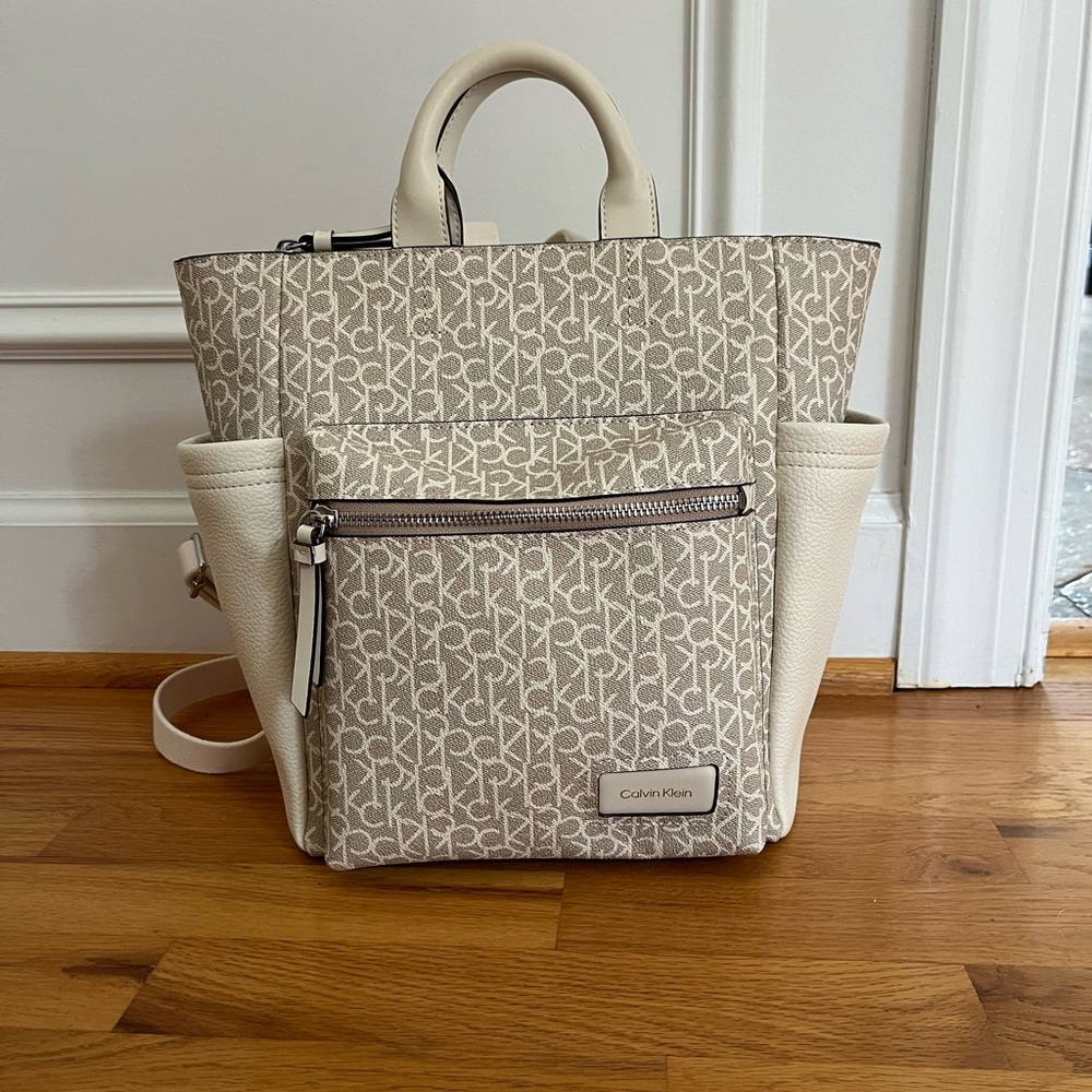 Calvin Klein Monogram Backpack Purse - Beige/White
